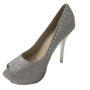 Styluxe Peep Toe High Heel Silver Studded Rhinestone Elegant Glitter Pumps (6)